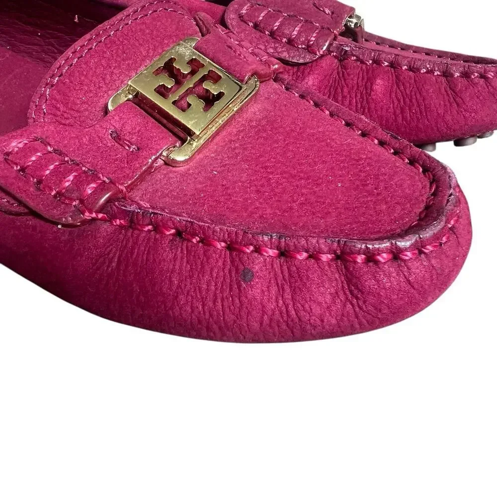 Tory Burch Cranberry Red Kendrick Driver Loafers Size 7 .5 Flats Leather